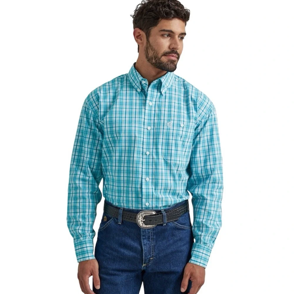 Wrangler George Straight Button Down Turquoise Plaid Contrast Trim Dress Shirt